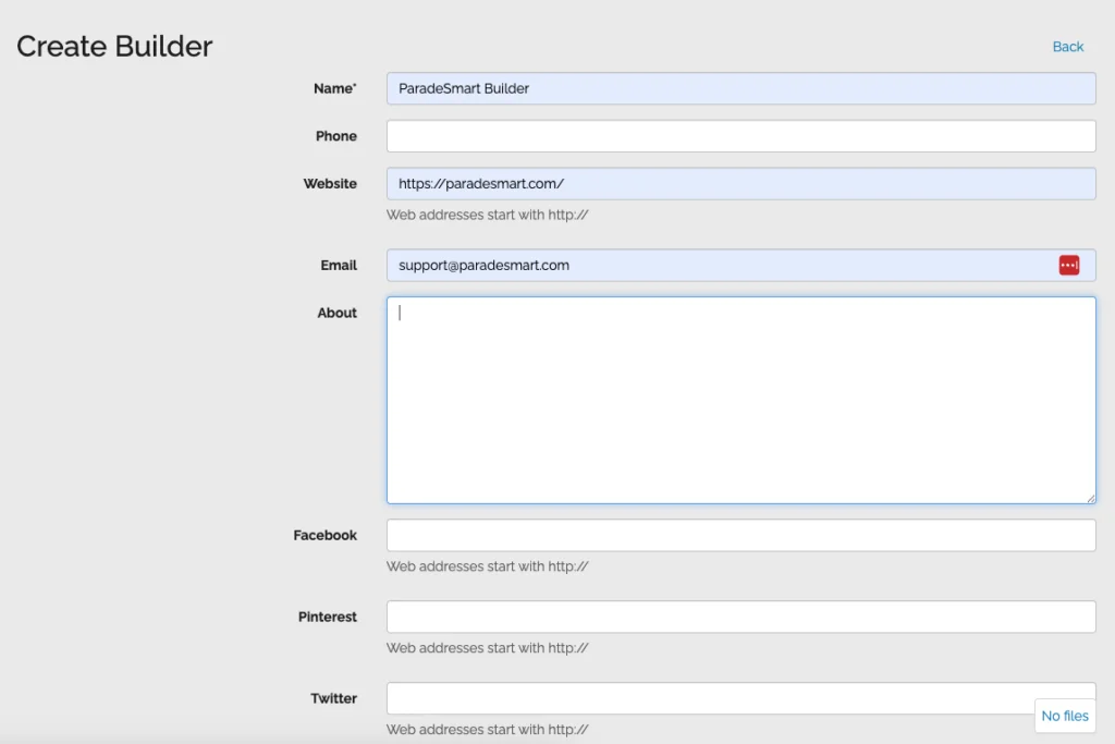 Screen showing some of the fields available for builders to fill out to create their profile