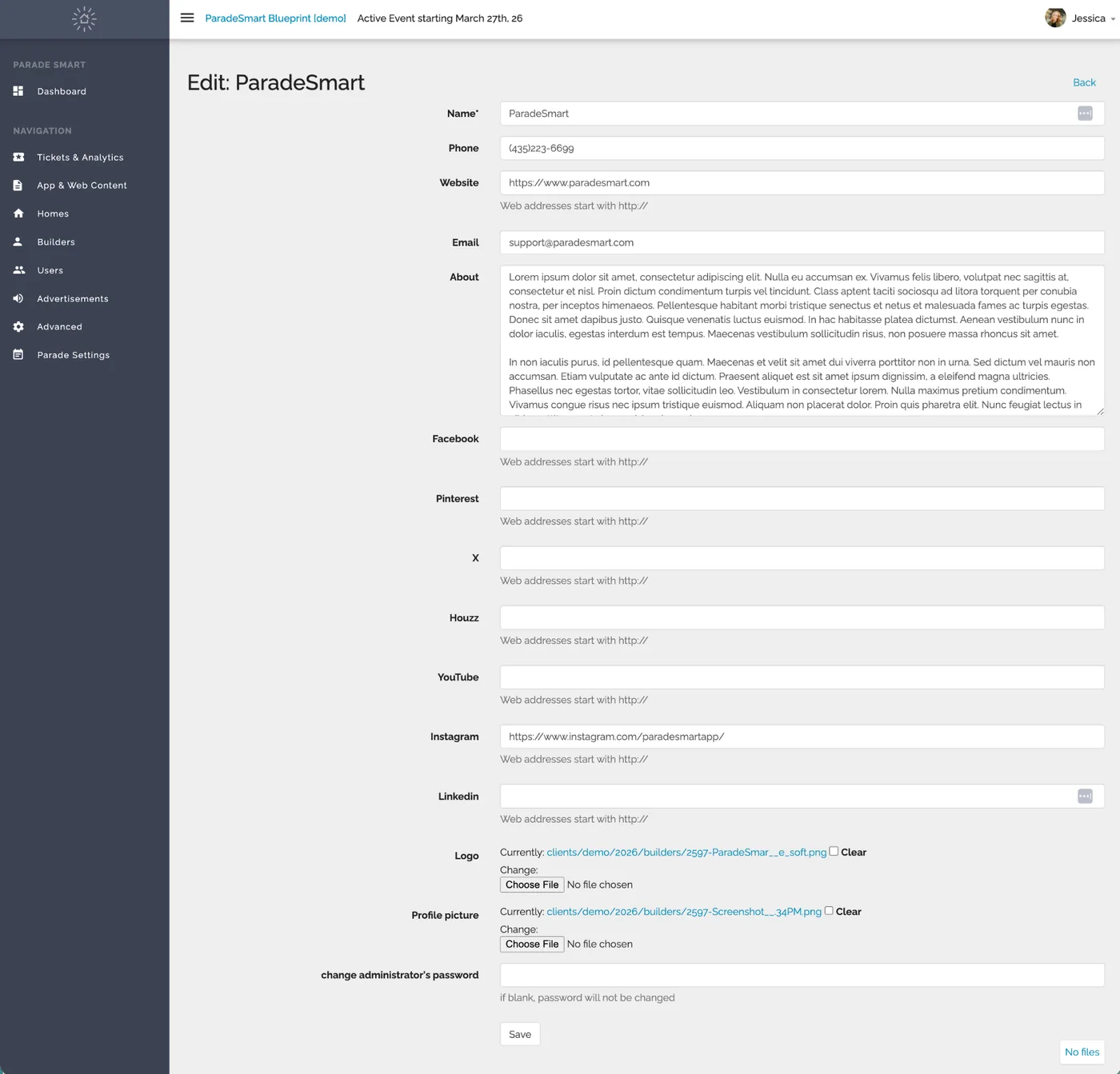 Edit builder profile dashboard screen with fields for name, phone, website, email, about section, social links, and logo upload