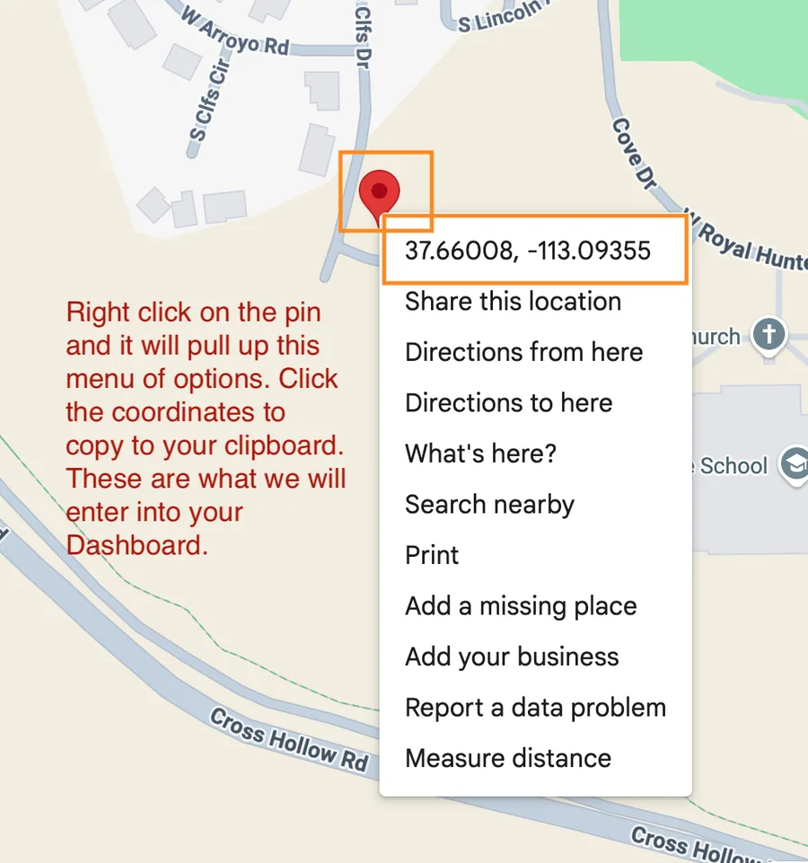 Google Maps right-click menu showing latitude and longitude coordinates at the top, ready to copy