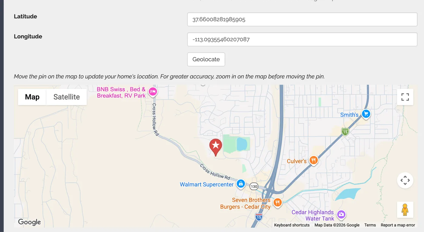 Google map showing the home's pin correctly updated to the new saved location
