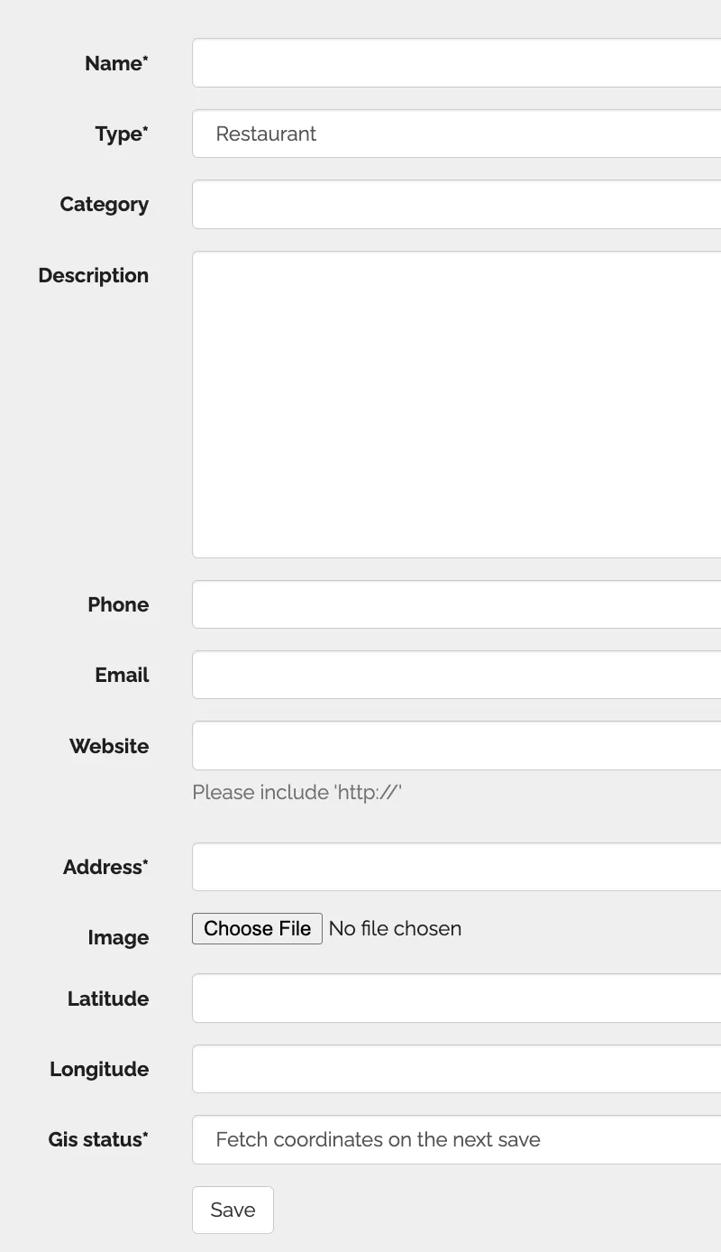 The Add Restaurant/Business form in Web Manager