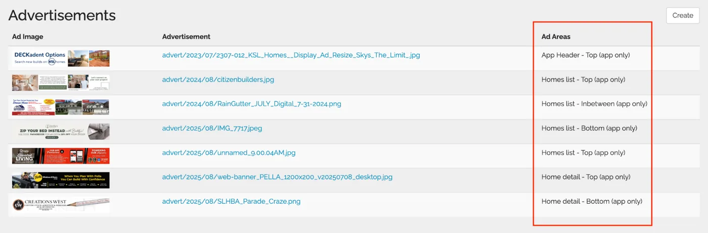 App ad placement areas shown in Web Manager