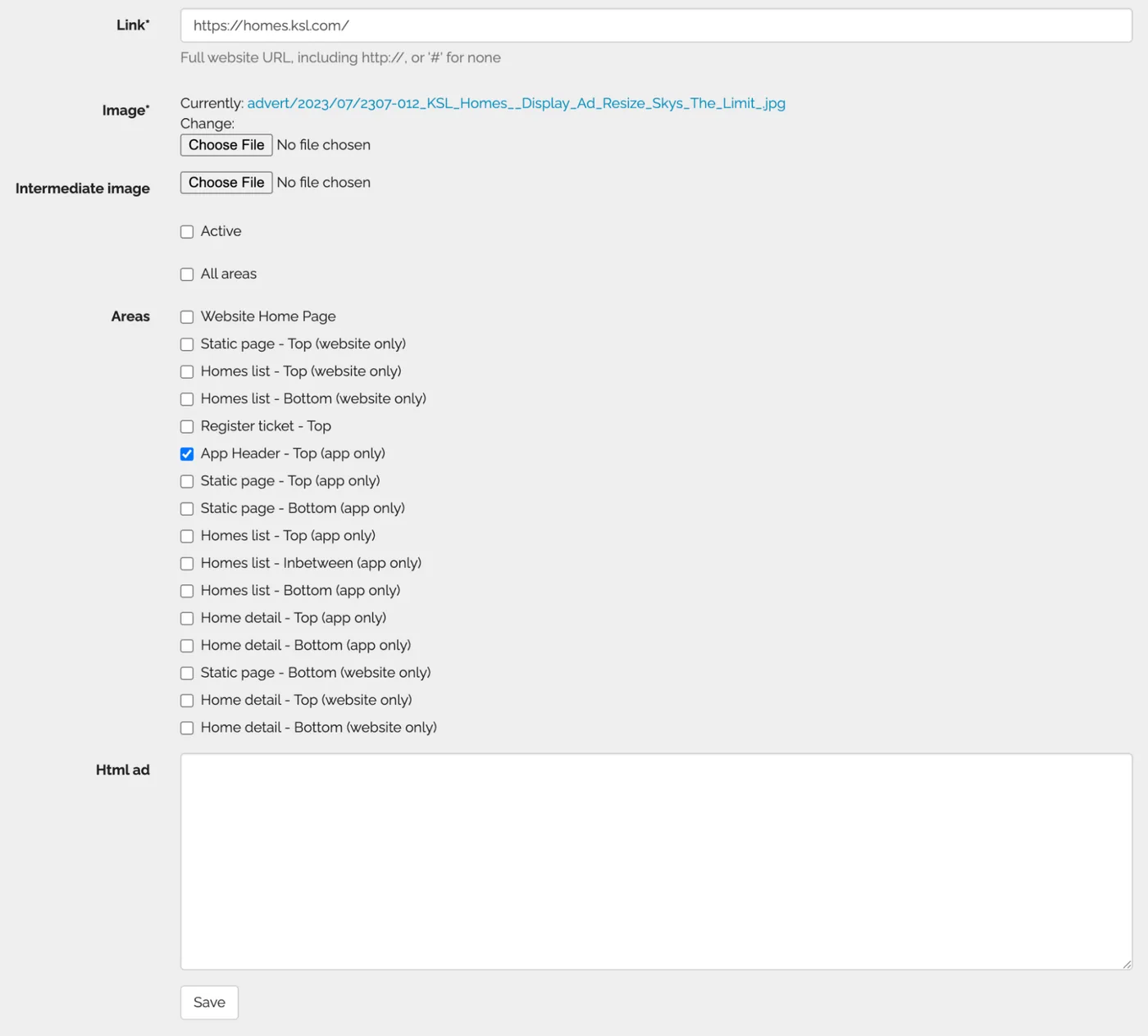 The Create/Edit Advertisement screen in Web Manager