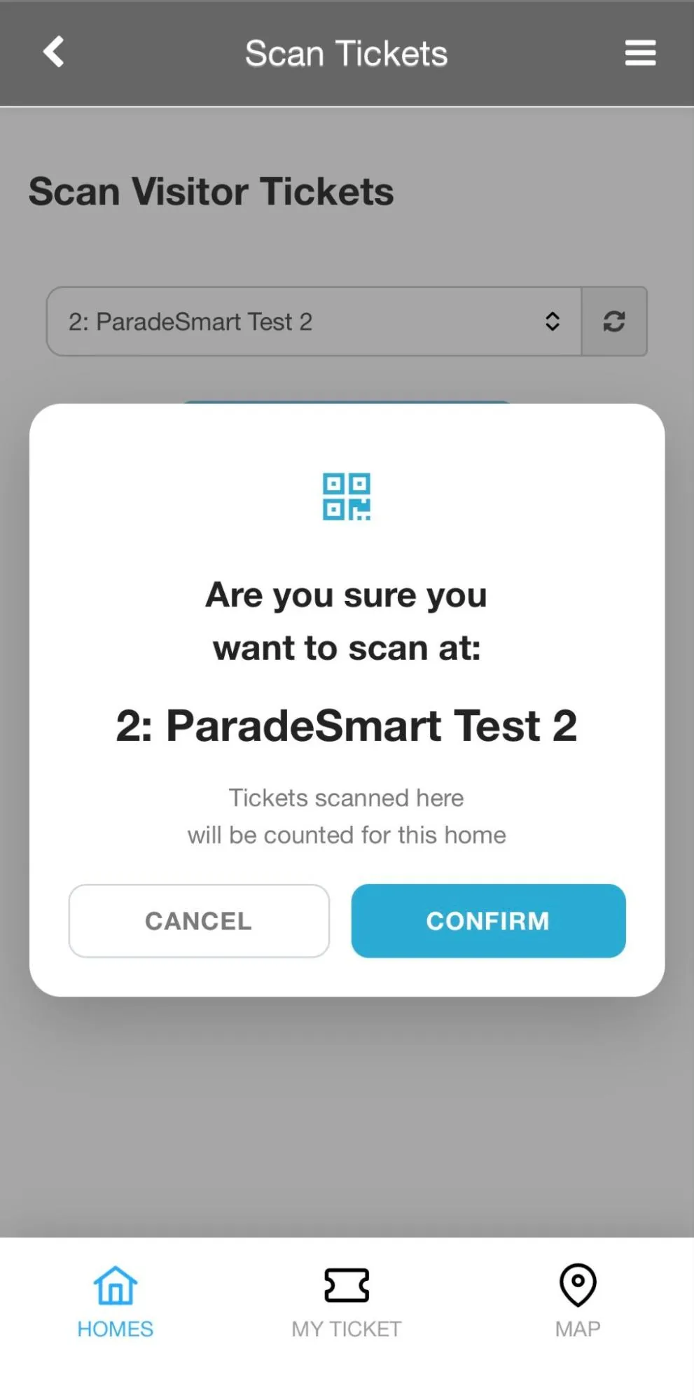 The ticket scanning screen used by builders to scan and sell tickets at the door