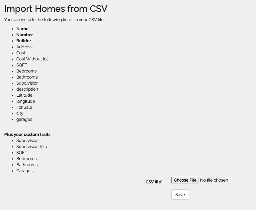 Uploading a CSV file of home information in Web Manager