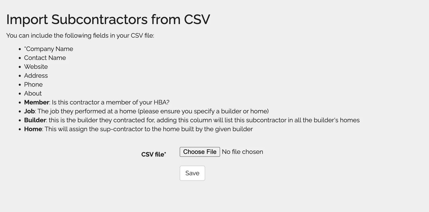 Uploading a CSV file of subcontractor information in Web Manager