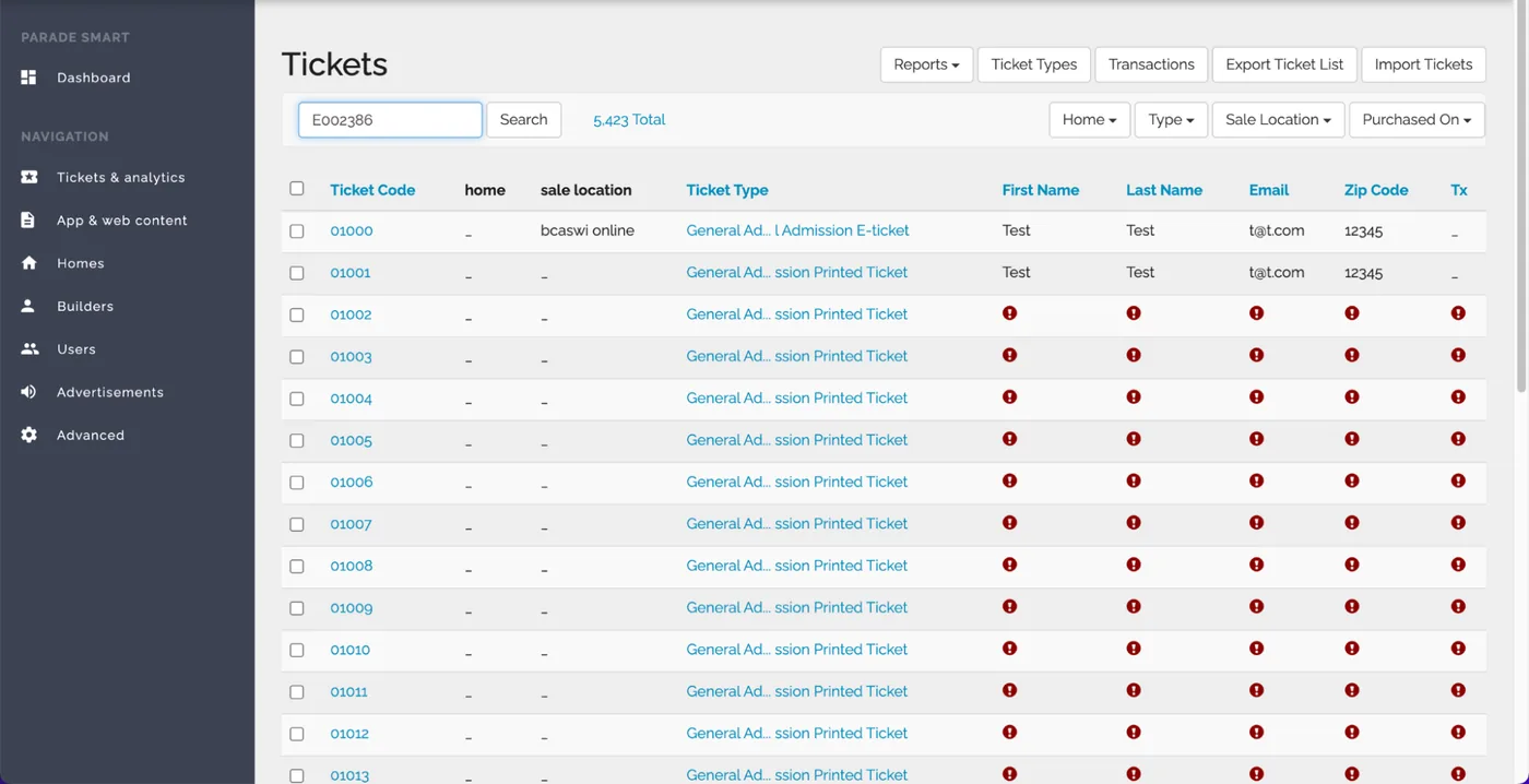 Searching for a purchased ticket record in Web Manager