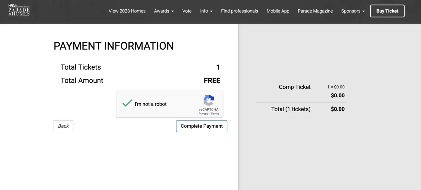 The published free event ticket page