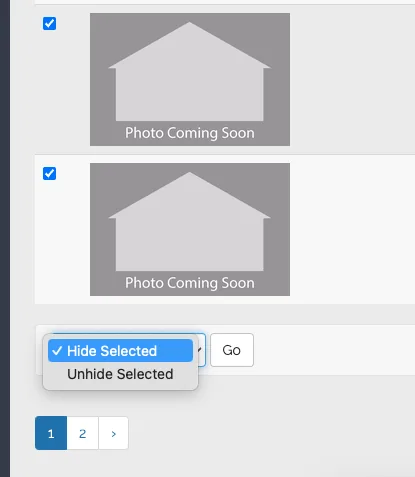 Bulk Hide/Unhide selected dropdown at the bottom of the homes list