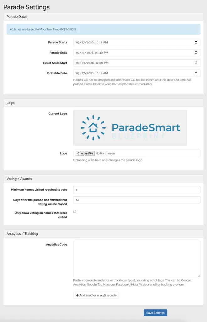 Parade Settings panel in Web Manager showing event configuration options