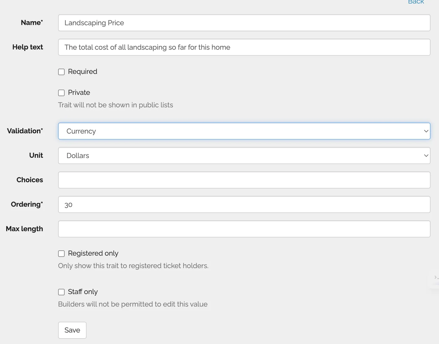 The Validation type dropdown when creating a trait