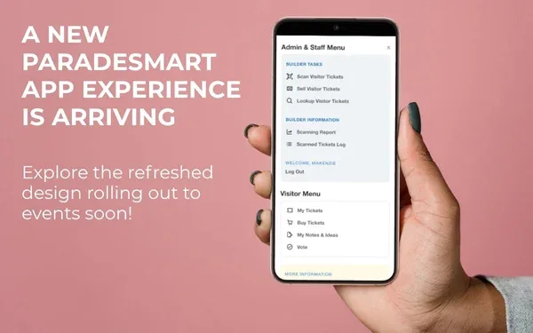 A hand holding a phone showing the refreshed ParadeSmart admin and visitor menu design, overlaid with the text: A new ParadeSmart app experience is arriving