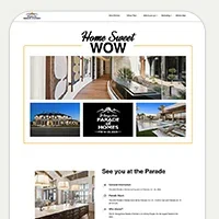 A preview of a Parade of Homes website homepage with a hero photo, home listings, and event branding