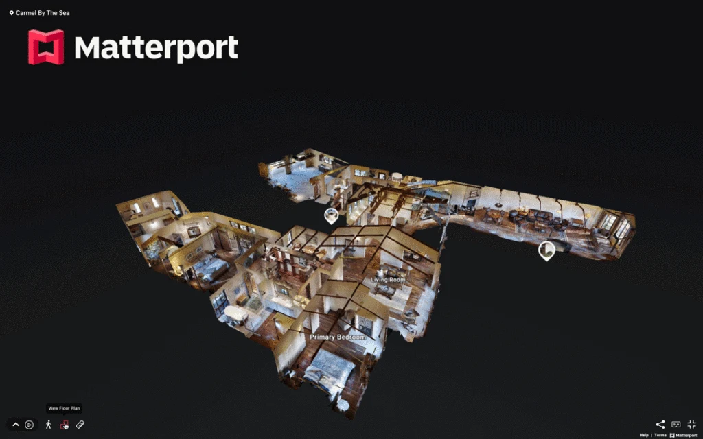 A Matterport 3D virtual tour dollhouse view of a Parade of Homes floor plan, showing primary bedroom and living room