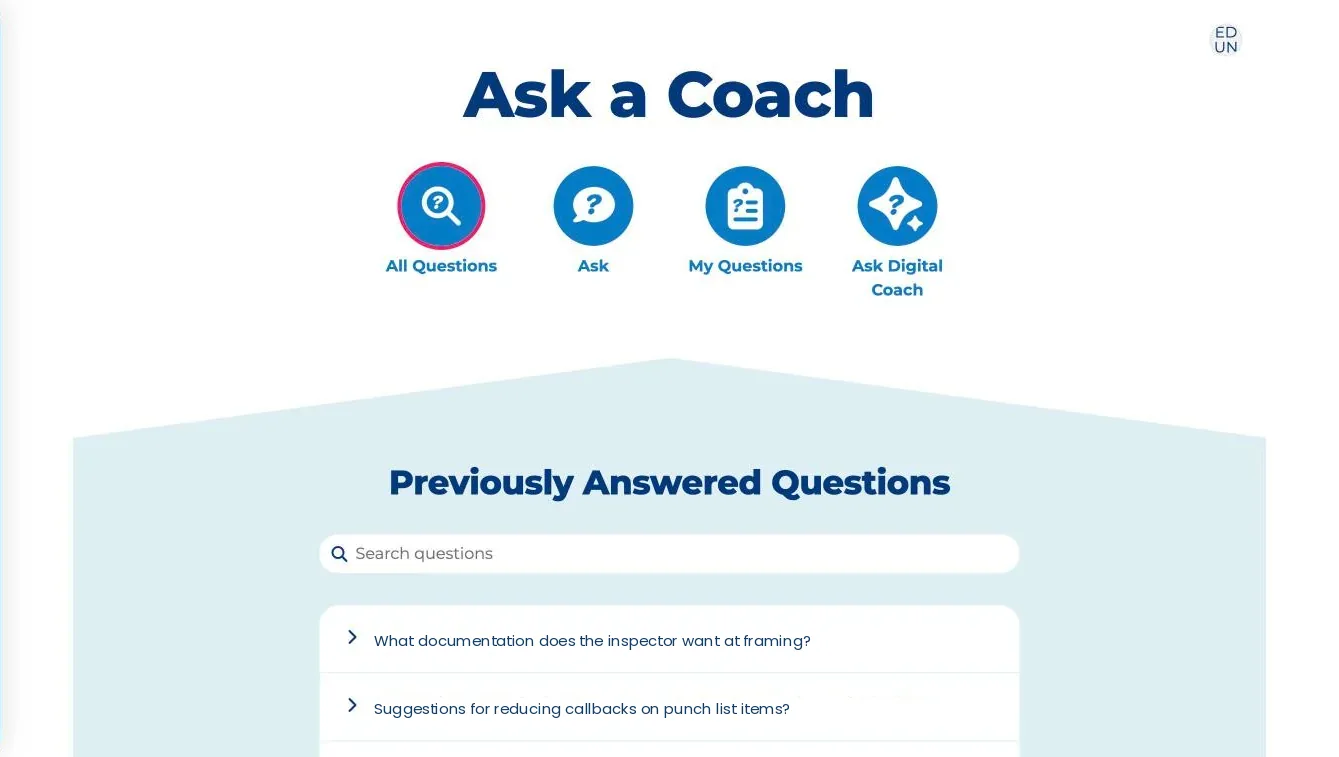 Previously Answered Questions page with a search field and an expandable list of answered builder questions.