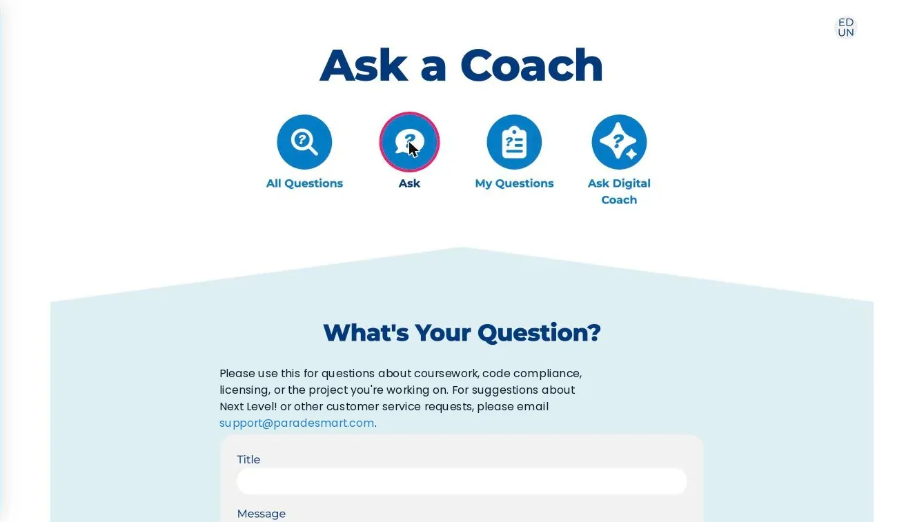 Question submission form with Title and Message fields.