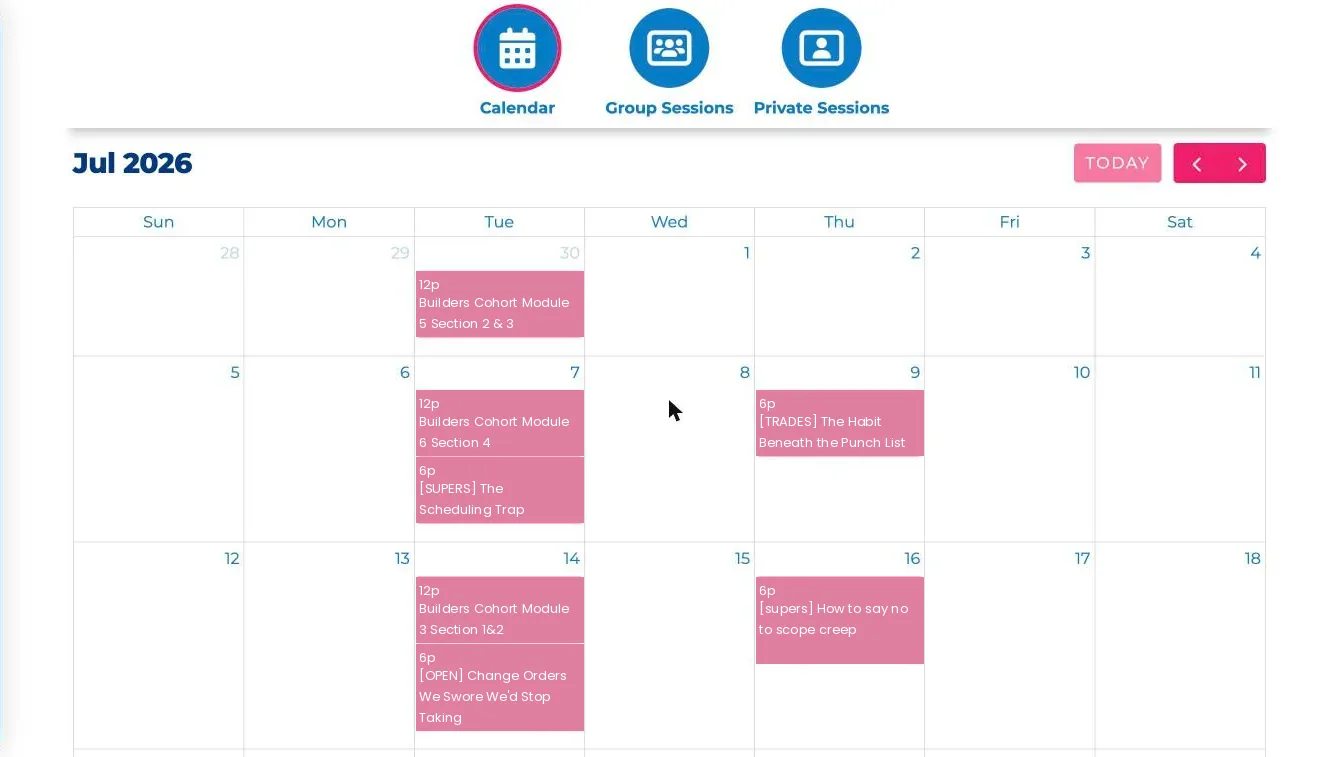 Monthly calendar view showing scheduled builder classes across the month, each session listed with its start time and title.