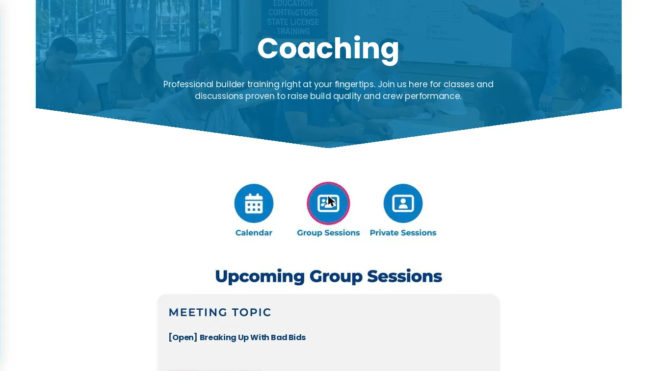 Upcoming Group Sessions list showing the next class's meeting topic.