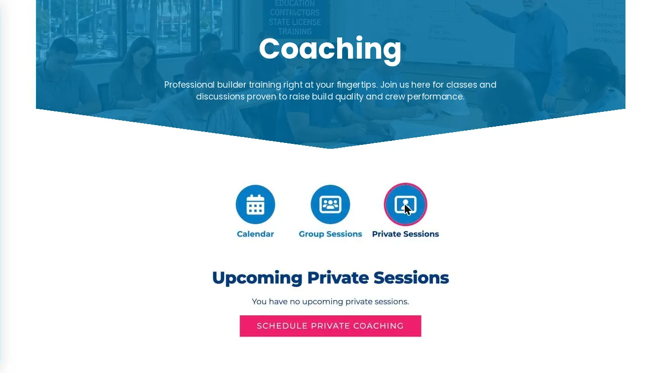 Upcoming Private Sessions view with a Schedule Private Coaching button.