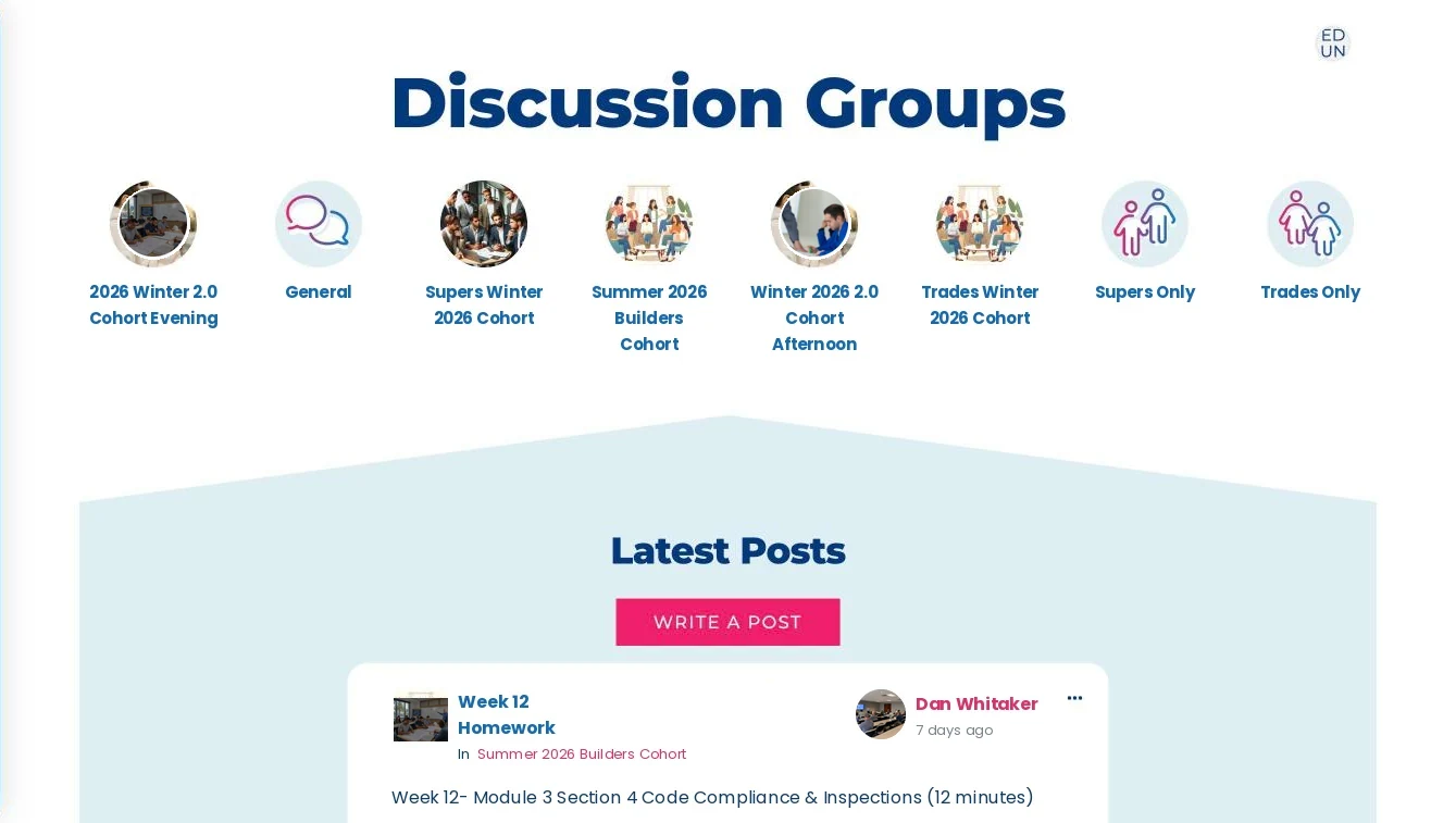 Discussion Groups page showing a row of cohort and trade group avatars above the Latest Posts feed.