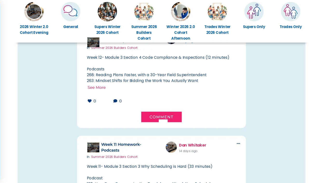 Latest Posts feed showing posts with author, group, body text, like and comment counts, and a Comment button.