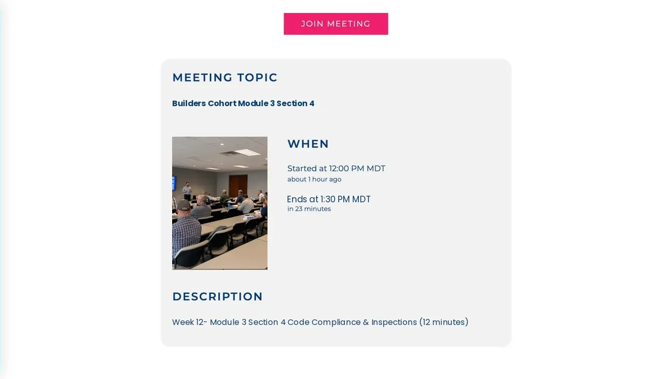 Session In Progress panel with a Join Meeting button, meeting topic, start and end times, and a session description.