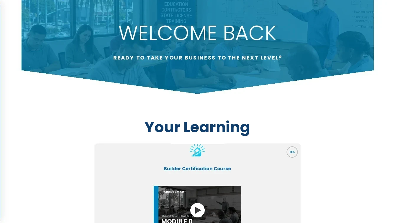 Member home page with a Welcome Back banner above a Your Learning section showing an enrolled course card with a progress ring and a lesson video thumbnail.