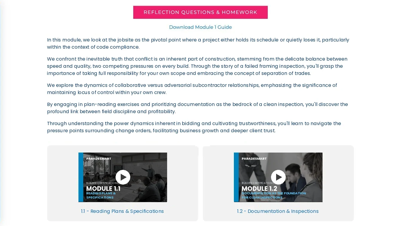 Module page showing a written overview followed by two lesson cards with video thumbnails and play buttons.