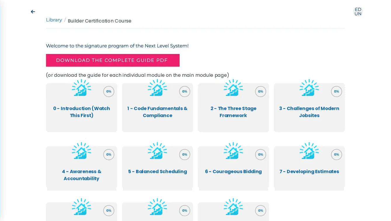 Course page showing a downloadable complete guide button above a grid of numbered module cards, each with its own progress ring.
