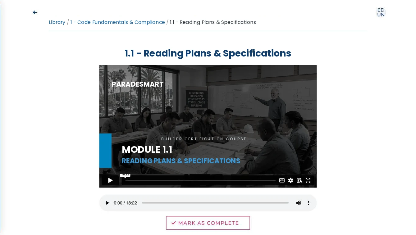 Lesson page with an embedded video player, an audio-only player beneath it, and a Mark as Complete button.