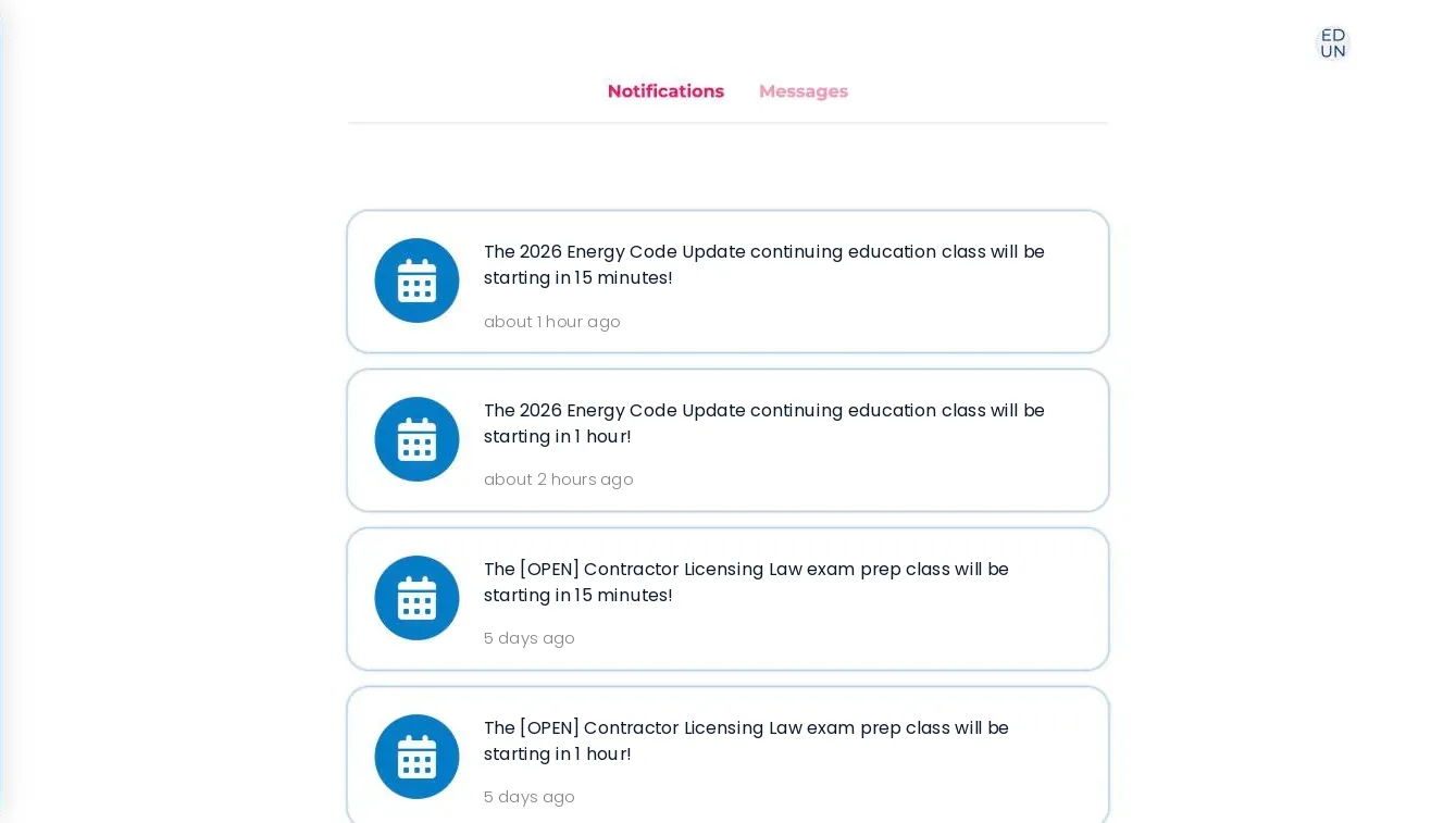 Notifications page with Notifications and Messages tabs, listing timestamped class reminders.