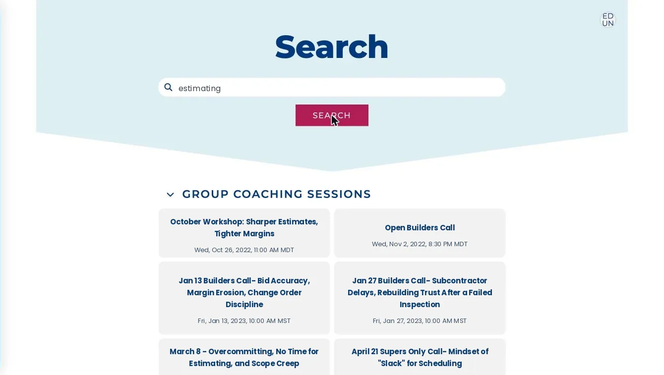 Search results page showing a query in the search field and results grouped under a collapsible Group Coaching Sessions heading, each result card showing a title and date.
